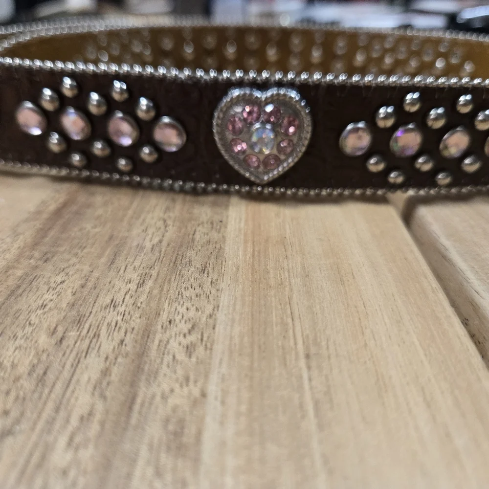 Nocona Girls Brown Leather Belt with Pink Heart Rhinestones Accents